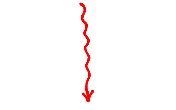 Vertical red wavy line arrow pointing down, hand drawn thin squiggle wave with small arrowhead, red ink vector isolated on white background for infographic, presentation, banner and web design