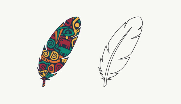 A colorful boho feather featuring intricate traditional ethnic patterns alongside a clean outline version on a neutral background.