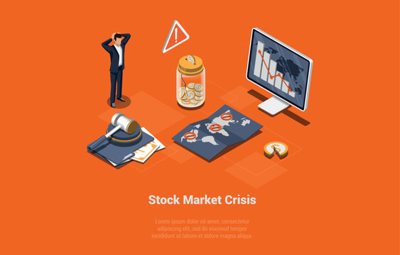 Isometric Stock Market Crisis Vector Illustration - Global Economic Recession and Financial Loss Concept with Stressed Businessman, Falling Chart Screen, World Map, and Judge Gavel on Orange Backgroun