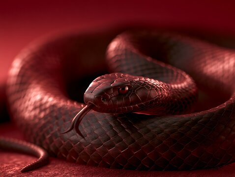 Coiled Red Snake with Flickering Tongue on Dark Background