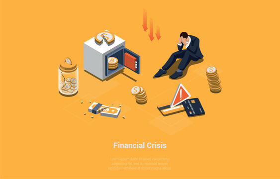 Isometric Financial Crisis Vector Illustration - Economic Recession and Business Bankruptcy Concept with Depressed Businessman, Open Safe Vault, Torn Money, and Downward Red Arrows on Orange Backgroun