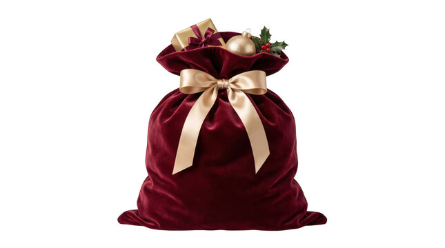 A luxurious red velvet christmas gift sack filled with presents and holiday decorations presented as an isolated on transparent background
