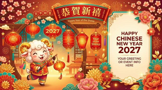 Chinese New Year 2027 celebration with cartoon sheep holding lanterns and red decorations