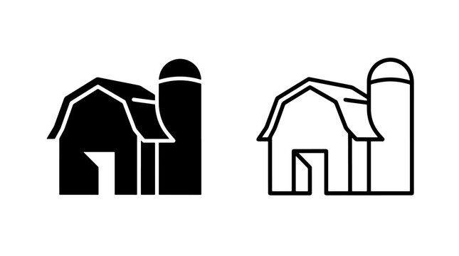 Farm barn house and silo tower icon set in solid and outline style
