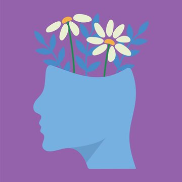 Mental Health and Personal Growth Vector Illustration - Human Head Silhouette Profile with Blooming Daisy Flowers and Leaves on Purple Background