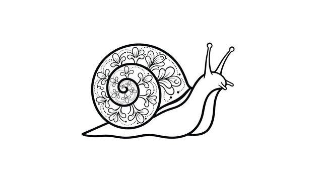 A detailed black and white outline drawing of a snail with an intricate floral and leaf pattern decorating its spiral shell.