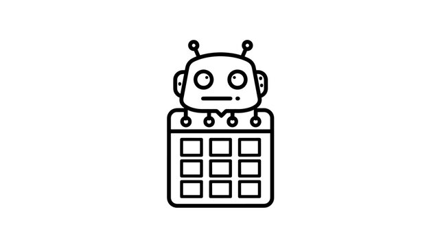 Robot head atop monthly calendar grid schedule planning flat line icon