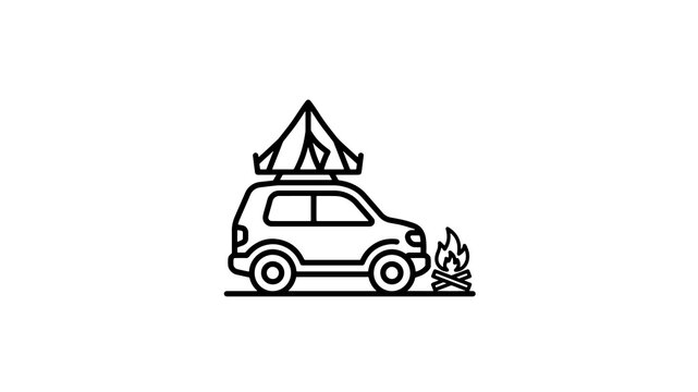 Camping car with rooftop tent and bonfire icon for outdoor travel trips