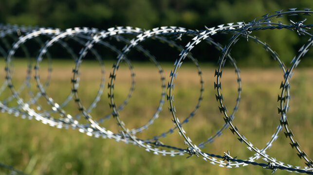 Barbed wire security fence metal spiral sharp edge boundary barrier outdoor field protection danger military style rural landscape Barbed wire security fence spiral with sharp metal edge forming