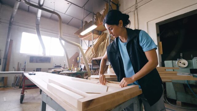 Focused woman working as a joiner in a carpentry workshop. Young artisan crafting furniture by assembling wooden parts on a workbench