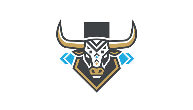A modern athletic logo design featuring a fierce bull head with large horns, ornate geometric markings, and bright blue accents.