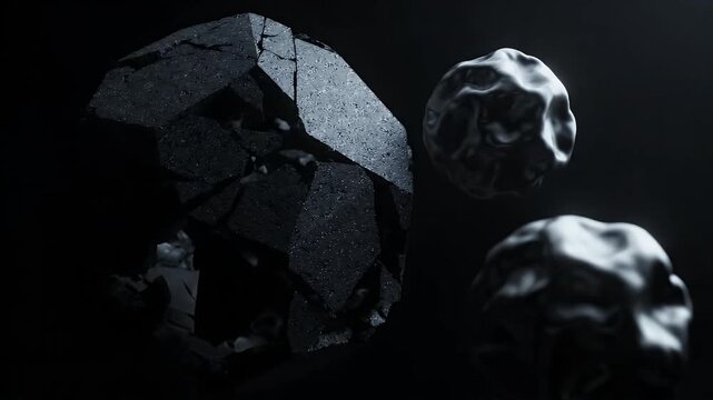Dark Abstract Geometric Shapes Floating in Darkness - Two abstract, dark, three-dimensional shapes are shown against a black background.