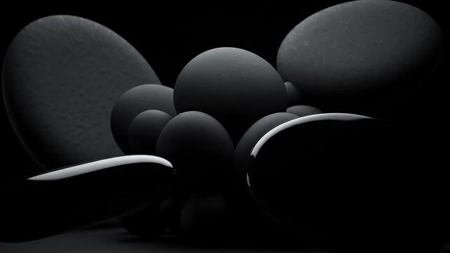 Dark Abstract Organic Shapes with Subtle Movement - A composition of various dark, abstract, and organic shapes in varying textures and finishes, with subtle light reflections creating a sense of
