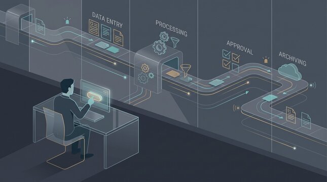 Businessman touching glowing screen beside data entry, processing, approval, and archiving workflow pipeline, outline style isometric 3D business process automation illustration for office system art