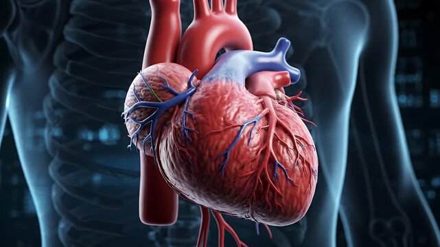 Human Heart Functionality 3D Animation - A highly detailed 3D animation of the human heart, showcasing its intricate functionality with visible arteries and veins.