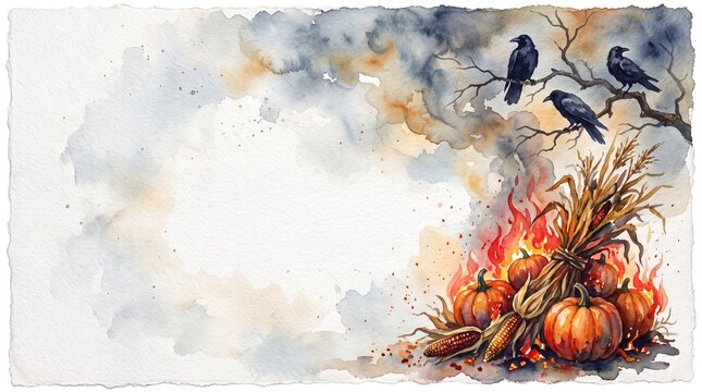 Watercolor autumn background with pumpkins fire and crows