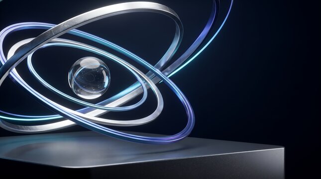 Abstract Futuristic Glass Sphere Surrounded by Metallic Orbital Rings on Dark Pedestal Background