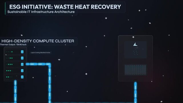 ESG initiative animation demonstrating waste heat recovery from a high-density data center compute cluster to a residential district heating network for sustainable IT infrastructure