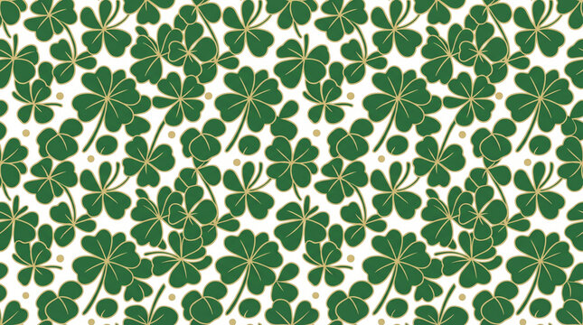 Flat illustration of green clover pattern on cream background creates cheerful botanical texture with repeating shamrock shapes and stems