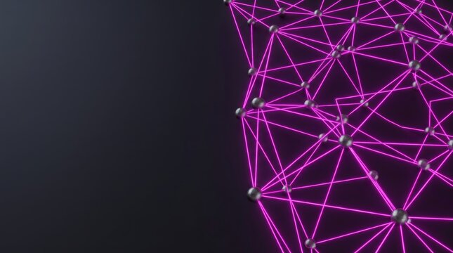 Abstract digital network visualization with glowing pink neon lines connecting metallic spheres on a dark background representing connectivity and data flow