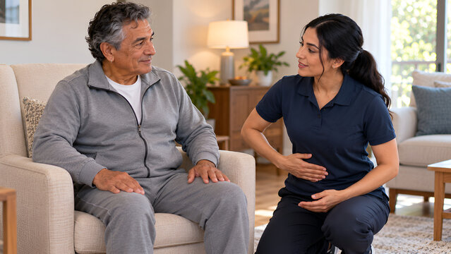 Elderly man consulting with female caregiver at home, professional home health aide supporting senior patient, geriatric nursing care in living room