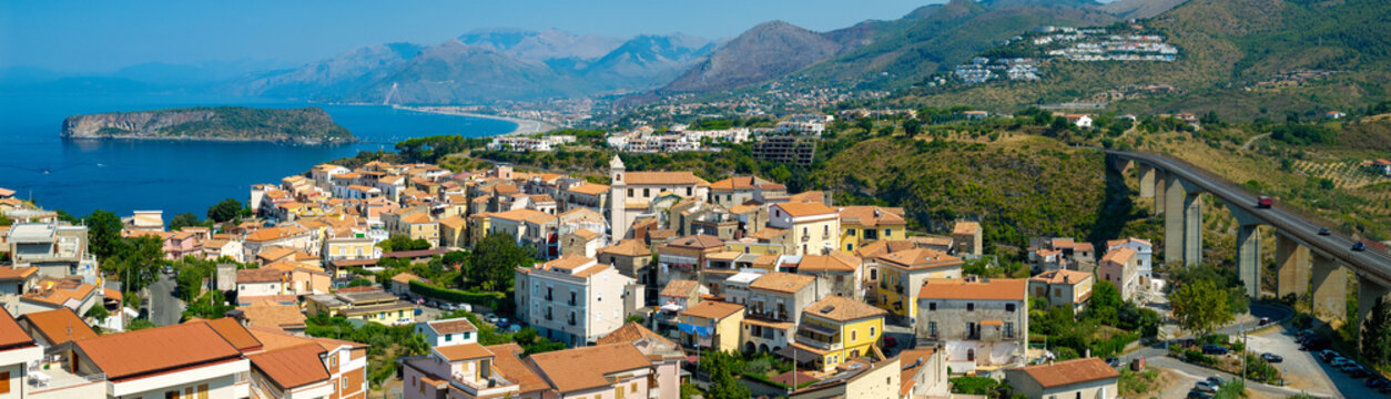 San Nicola Arcella Calabria Italy Most beautiful villages. Ultra wide panorama with historic arcade bridge and coastal cliffs with Isola di Dino island, sideways aerial panorama world print