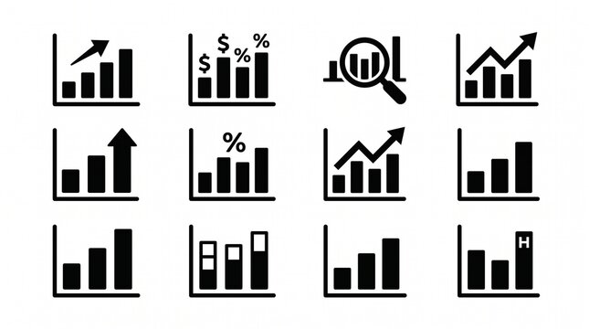 Set of 12 black-and-white business growth icons on a white background, flat vector style, bold glyphs in rounded square frames with rising arrows, bar charts, dollar signs, ROI, sales, and global mark
