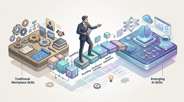 Future-of-work and reskilling bridge illustrations are in very high demand for HR, L&D, and AI workforce transformation content.