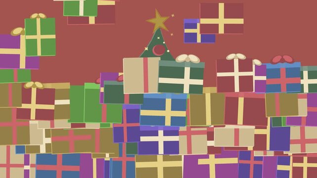 Christmas Gift Boxes Raining Down Around a Flat Christmas Tree