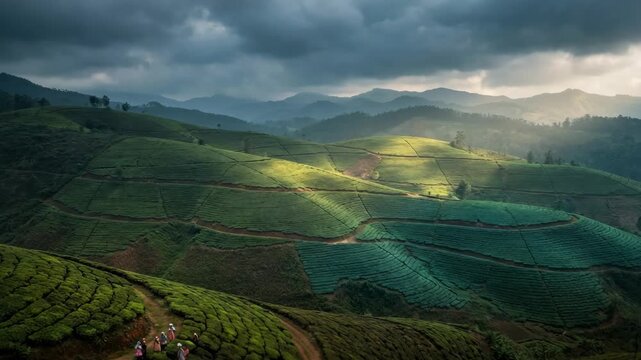 Rolling Tea Plantation under Dramatic Skies: Sunbeams pierce through a dramatic, cloud-filled sky, illuminating the verdant, terraced slopes of a vast tea plantation.