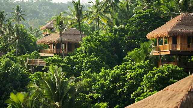 Secluded Tropical Retreat: Elevated bungalows with thatched roofs nestle harmoniously within a dense, vibrant tropical forest, offering an idyllic escape to nature.