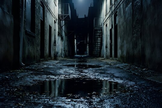 Wet Narrow Alley at Night with Water Puddles After Rain