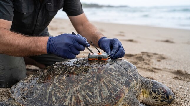 Wildlife researcher wearing gloves attaching a satellite tracking tag to a sea turtle shell on a sandy beach