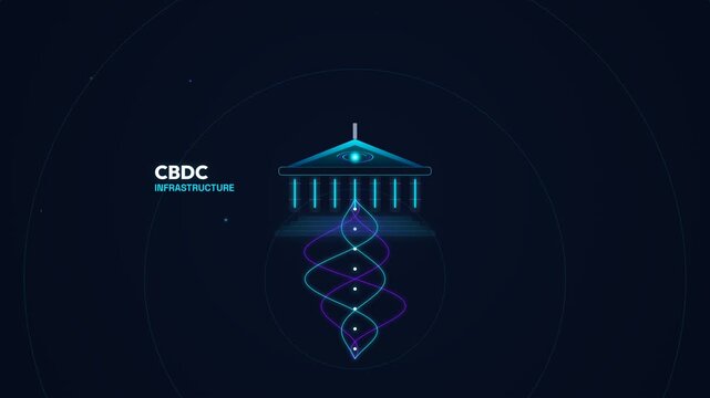 Animation of Central Bank Digital Currency CBDC infrastructure showing direct transactions from a central bank to citizen digital wallets on smartphones with zero intermediaries and quantum encryptio