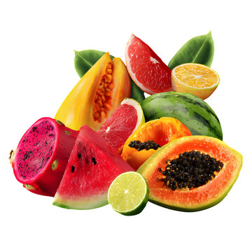 Vibrant mix of tropical fruits including dragon fruit and juicy papaya slices on transparent background