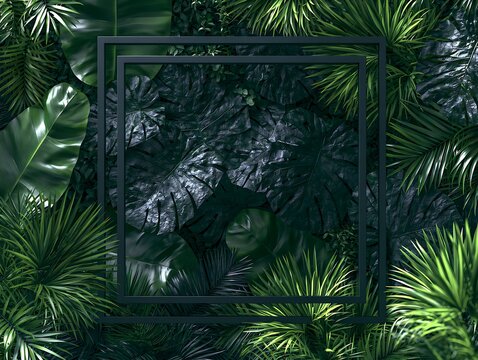 Dark Tropical Jungle Foliage Background with Elegant Black Geometric Frame