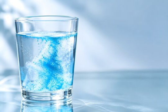 Electrolyte powder dissolving in a glass of water on glass surface