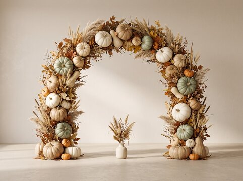 Autumn wedding arch decorated with pumpkins, pampas grass arch background for fall events, bohemian seasonal floral backdrop