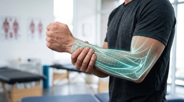 Man showing arm and forearm pain with a digital anatomical overlay, representing medical imaging, orthopedic conditions, rehabilitation, sports medicine, and innovative healthcare technology