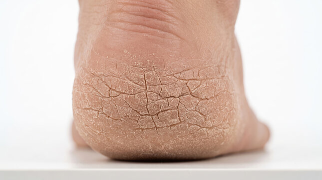 Human heel exhibiting deep cracks and extreme dryness, emphasizing symptoms of neglected skin and the importance of effective foot care, hydration, and dermatology for healthy feet