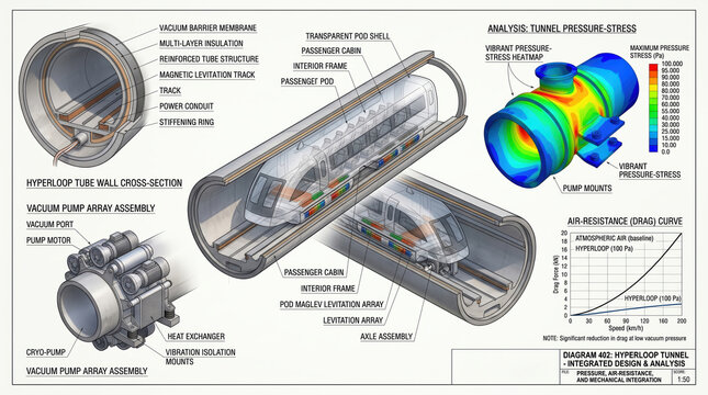 Hyperloop tunnel design integrating advanced engineering for high speed vacuum transport, illustrating magnetic levitation, pressure analysis, and drag reduction for future mobility