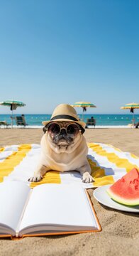 Pug dog wearing straw hat and sunglasses lying on beach towel with watermelon and book