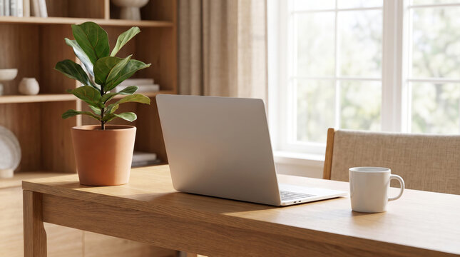 Laptop computer, potted fiddle leaf fig plant, and a white coffee mug arranged on a wooden desk, symbolizing a comfortable and productive remote work or study space