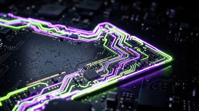 Electronic circuit board showing glowing neon lines forming a right pointing arrow, symbolizing data flow, digital progress, technological advancement, and future innovation