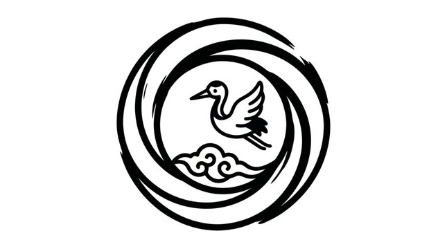 Stylized Crane Bird in Swirling Circle with Clouds