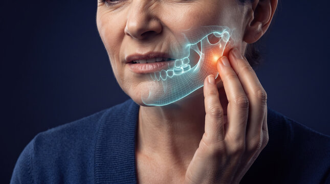 Woman experiencing severe jaw pain with digital wireframe overlay highlighting the painful area, representing dental problems, TMJ, and health concerns