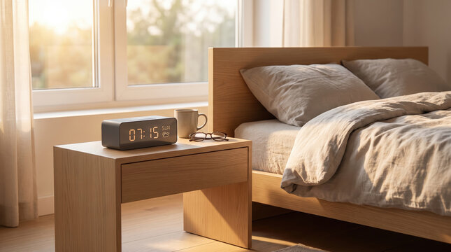 Smart alarm clock on a minimalist bedside table bathed in warm morning sunlight, evoking cozy modern home comfort, peaceful waking routines, and serene start of day calm