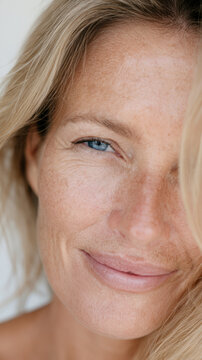 Blonde woman with natural beauty looking directly at viewer, displaying authentic confidence and a gentle smile, highlighting healthy aging and self acceptance