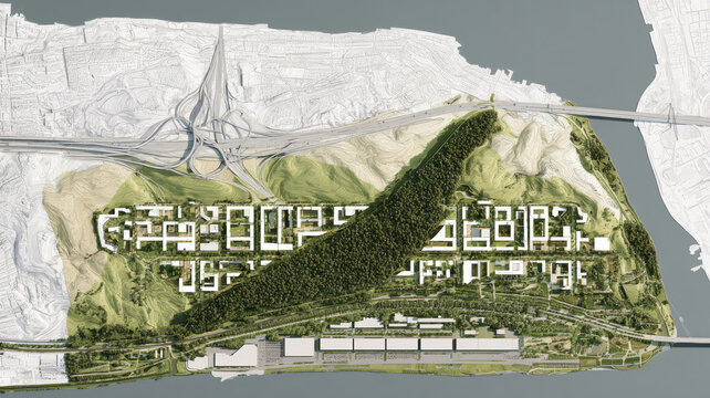 Urban planning masterplan showing a sustainable city development concept integrating residential buildings, green spaces, infrastructure, and a coastal zone
