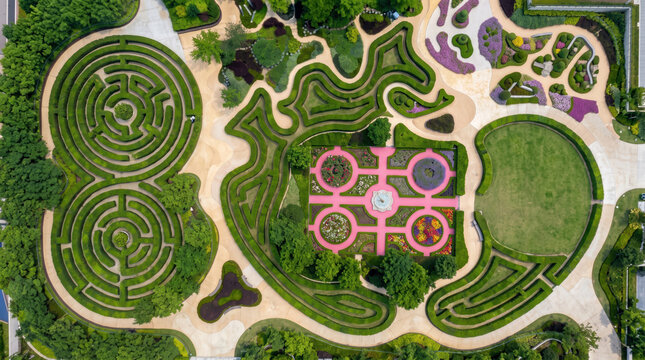 Aerial view of an intricate botanical garden showcasing diverse hedge mazes. Formal parterres. And lush green landscapes. Symbolizing complexity. Luxury